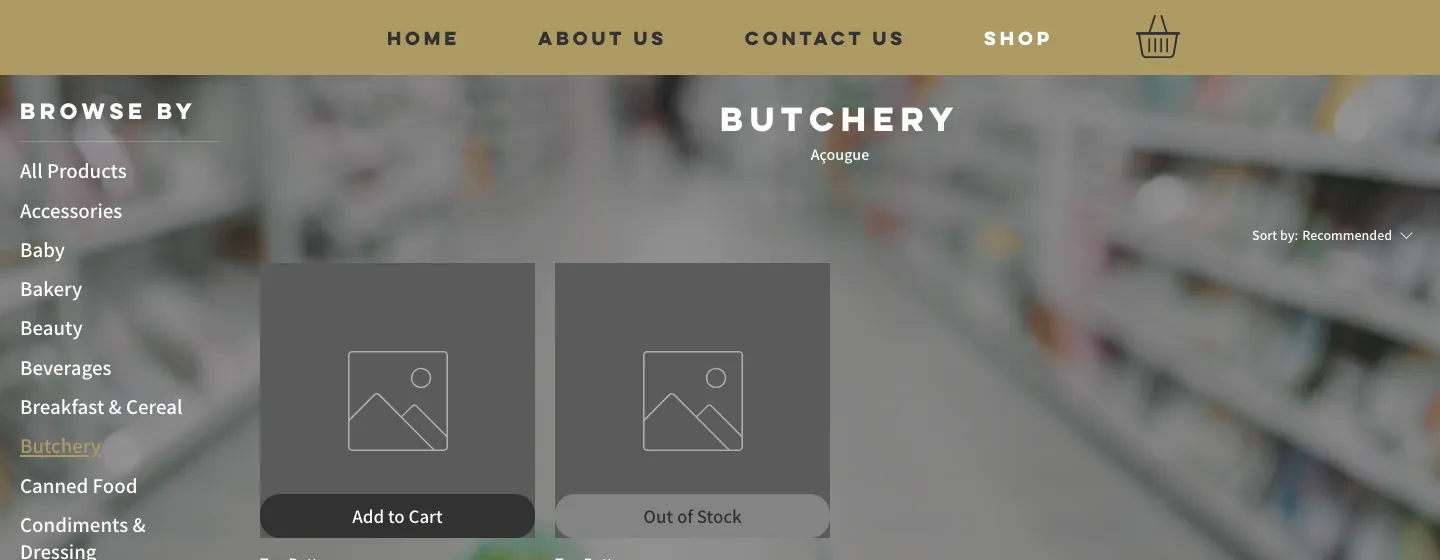 Página Butchery do site atual, com dois produtos sem foto sobre um fundo de carrinho com brinquedos